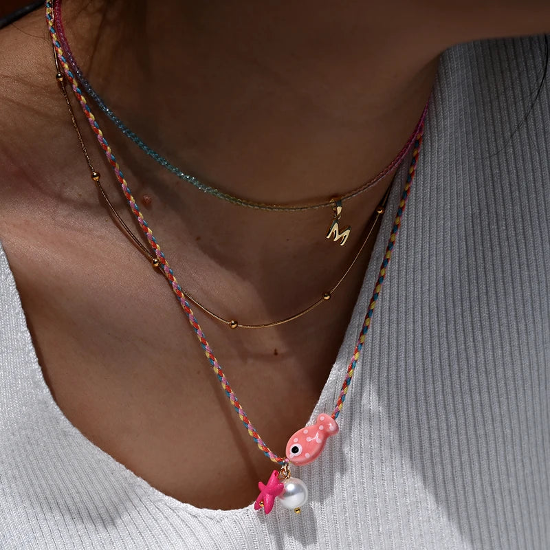Colorful Bohemian Ceramic Fish Pendant Necklace for Women with Adjustable Rope Choker