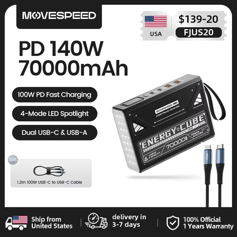 High Capacity 140W Power Bank 70000mAh Fast Charging for Laptop, Outdoor Camping