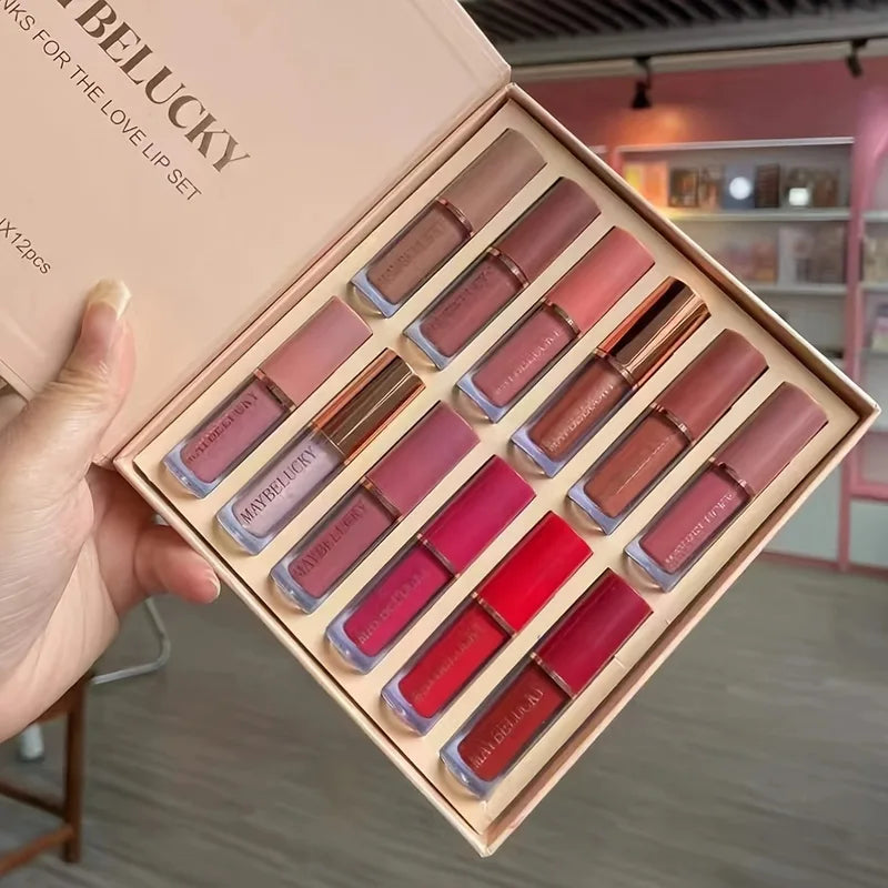 12-Piece Matte Lip Gloss Set with Color-Changing Pearlescent Finish