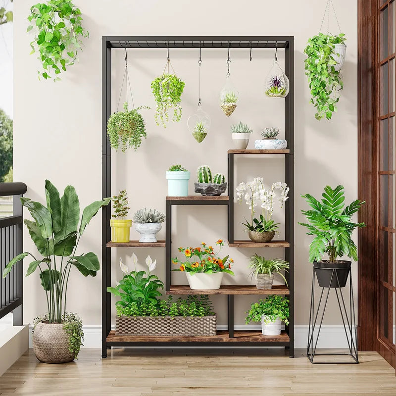 Tall Indoor Plant Stand 5-Tier Metal Shelving Unit with Hanging Hooks - Large Garden Display Rack