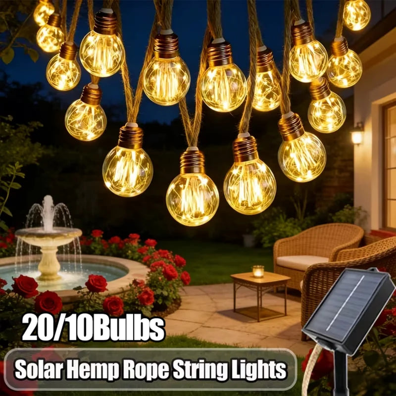 Solar Powered Rope String Lights Outdoor Garden Decor with 8 Modes - Hemp & Plastic Bulbs