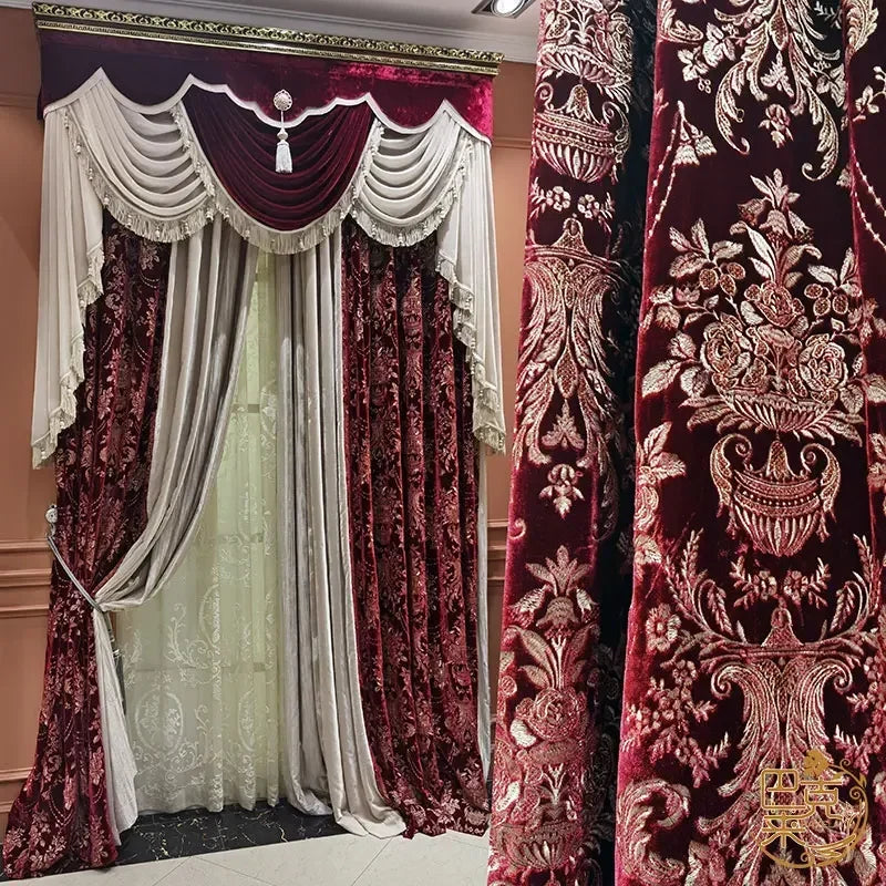 Wine Red Silk Velvet Embroidered Floral Curtains for Living Room & Bedroom