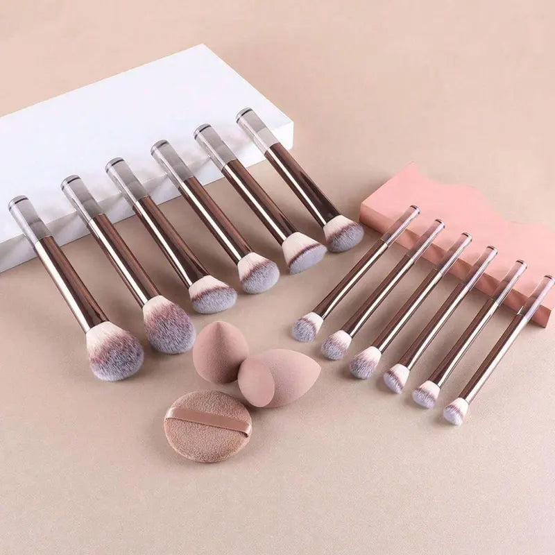 12pcs Makeup Brush Set with Sponges & Powder Puff - Travel Cosmetic Tools