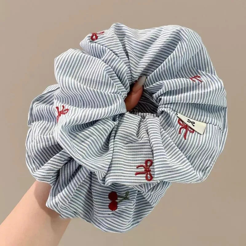 2pcs Blue Striped Red Bow Cherry Hair Scrunchies - Soft, Elastic & Gentle Hair Ties