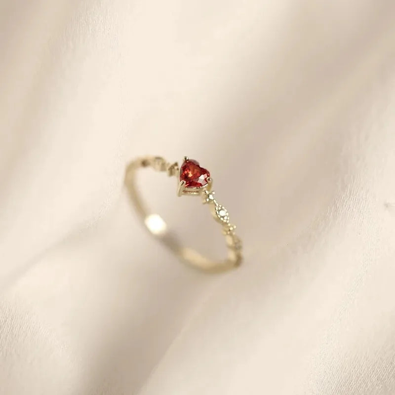 Luxury Red Heart Crystal Opening Rings for Women Wedding Jewelry Stainless Steel