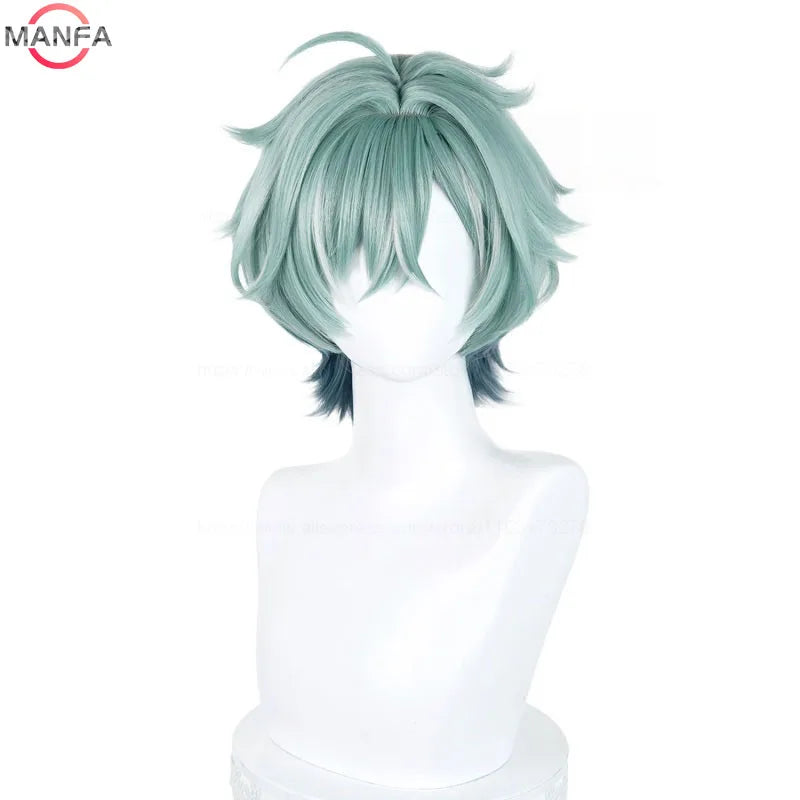 Anime Cosplay Wig for Genshin Impact Lohen Light Green & Blue Short Synthetic Heat-Resistant Hair Wig + Cap