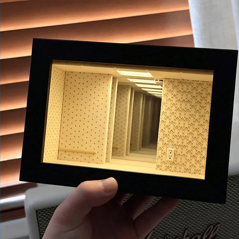 Abyss Mirror Photo Frame with LED Light Wooden Display Box Mini Figures Home Decor