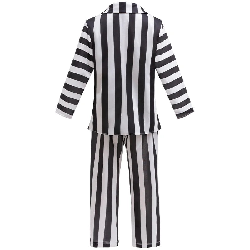 Kids Halloween Cosplay Costume Boys Girls Black and White Striped Coat and Pants