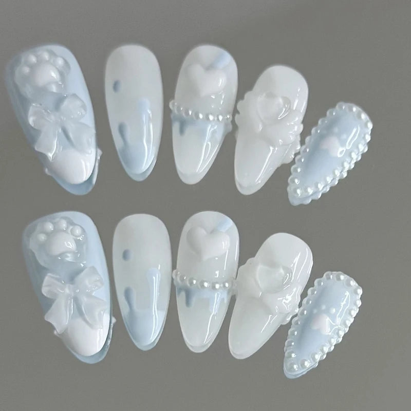 Handmade Press-On Nails with Bear Paw Design - Light Blue Fake Nail Tips, Full Cover, Korean Style