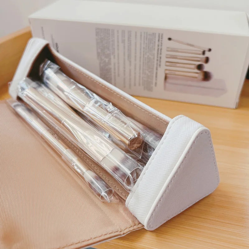 Travel Face and Eye Brush Set with Gold Finish & Pouch - Makeup Tools