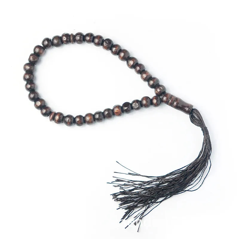 Wooden Muslim Prayer Beads 99 Rosary with Tassel - Handheld Islamic Bracelet or Decor
