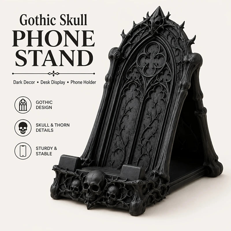 Gothic Skull Phone Stand - 3D Printed Dark Decor for Desktop & Halloween