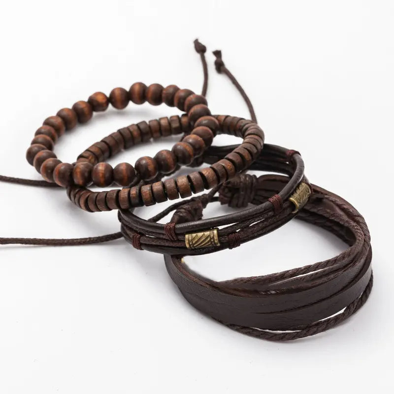 4PCS Multi-Layer Wooden Beads Men's Bracelet Set - Vintage Fashion Accessories