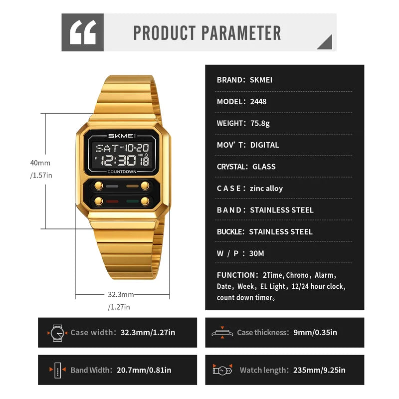 Men's Retro Digital Watch Waterproof Chronograph Business Wristwatch
