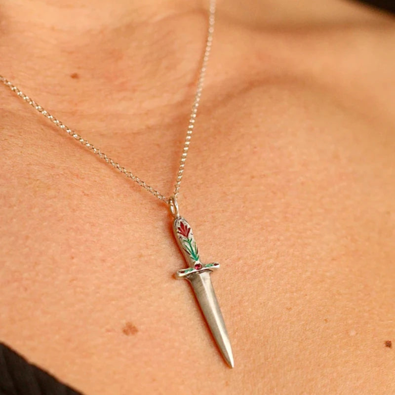 Vintage Silver Sword Pendant Necklace for Women Enamel Flower Dagger Jewelry