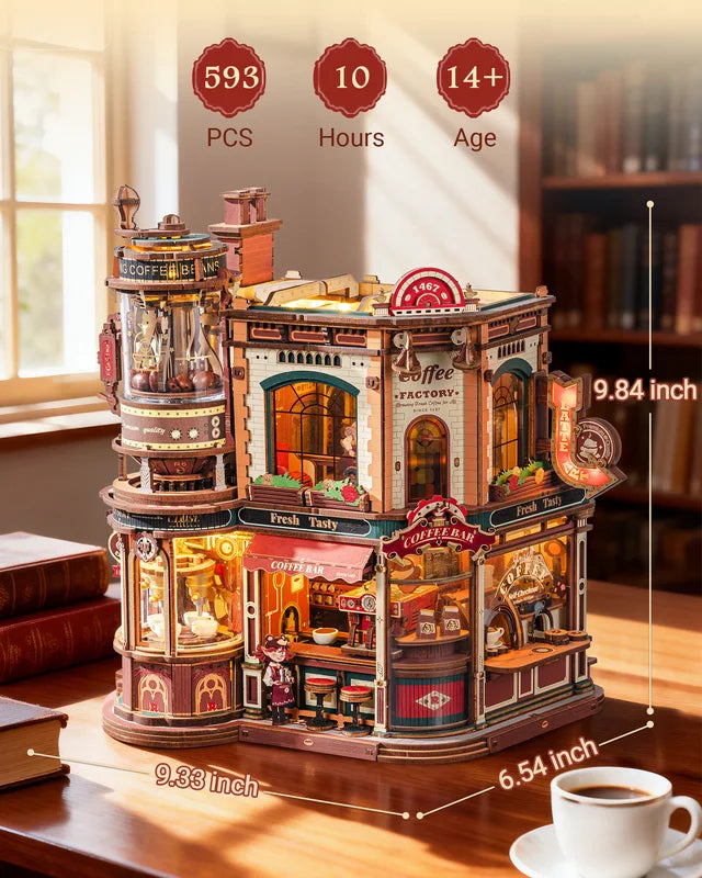 Wooden 3D Puzzle Coffee Factory Music Box Kit with LED Lights - DIY Model for Adults