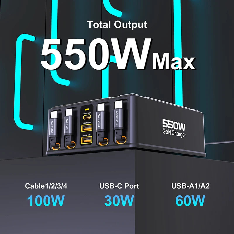 7-in-1 Charging Station with 550W GaN Fast Charger & Retractable USB C Cable