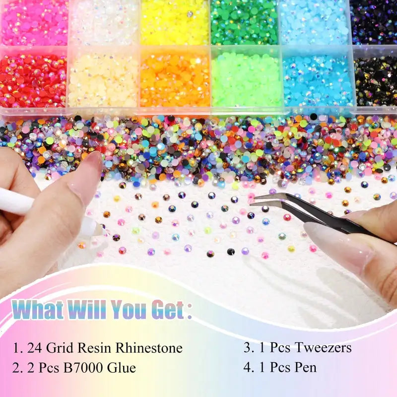 DIY Rhinestone Bedazzling Kit with 24 Colors, Glue & Tweezers for Crafting and Nail Art