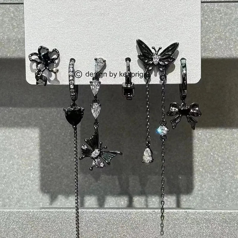 6-Piece Trendy Dark Butterfly Heart Star Cross Zircon Earrings Set for Women
