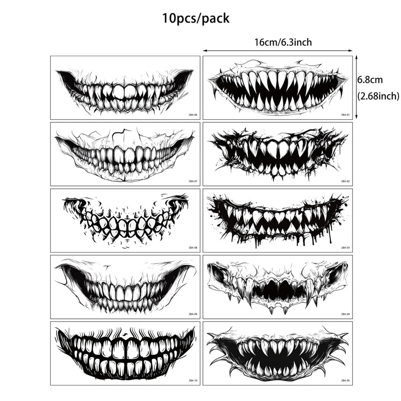 Waterproof Face Tattoo Stickers 10pcs Halloween Temporary Fake Face Makeup