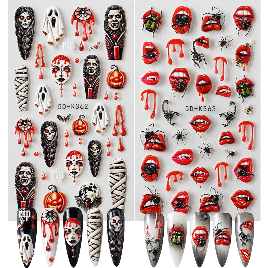 Halloween Ghost Mummy Blood Nail Stickers - 2 Pack Spooky Nail Art Decals for Manicure