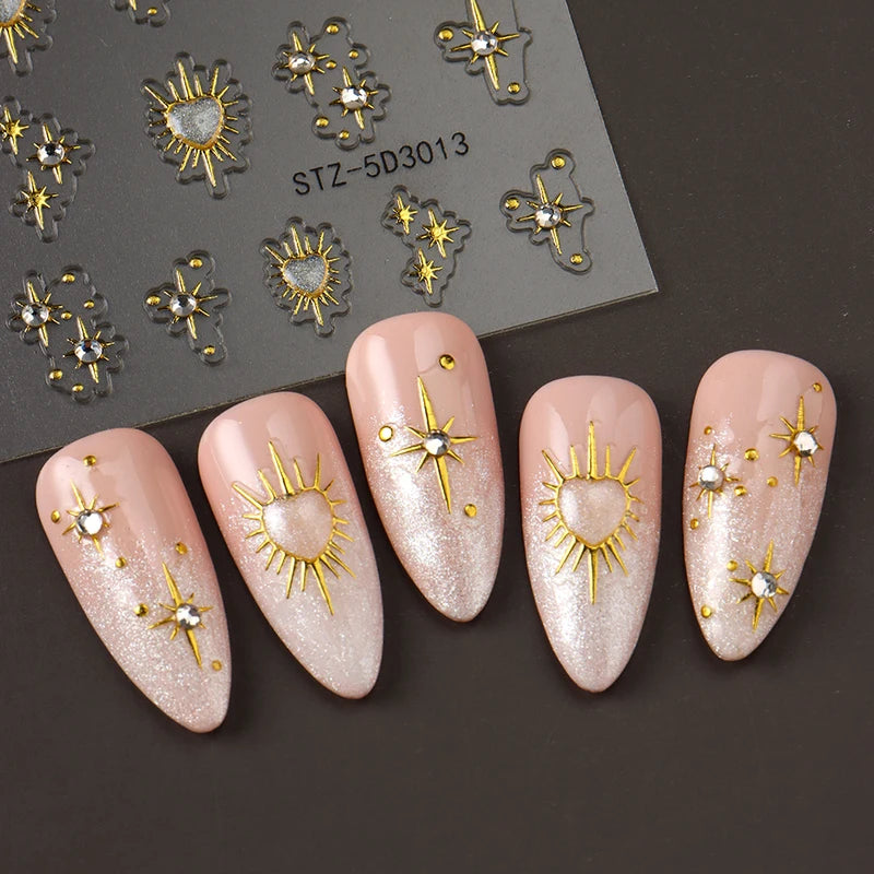 2Pcs Shiny Gold Heart and Star Nail Art Stickers - 3D Rhinestone Decals