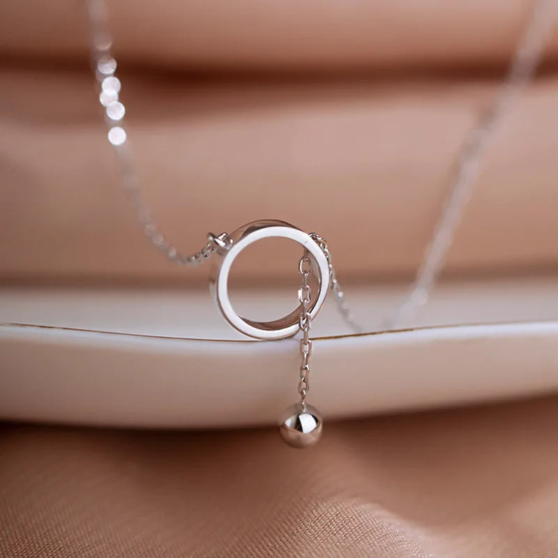 Silver Geometric Beads Circle Pendant Necklace for Women - Tassel Chain Choker Jewelry