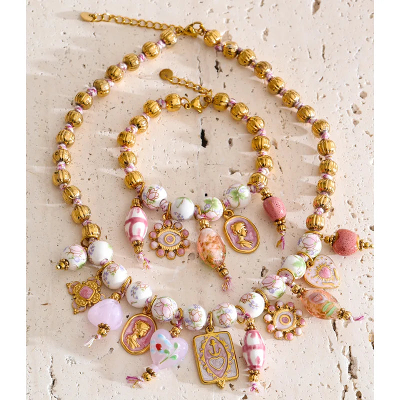 Vintage Jewelry Set with Beads Chain Ceramic Heart and Eye Drop Charm