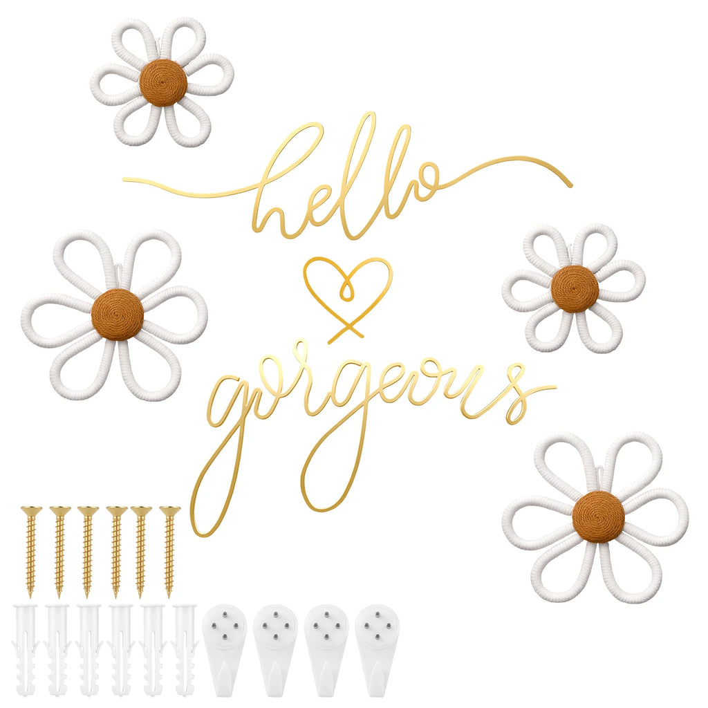 Wall Decor Set with Metal Wire Words, Heart Ornament & Woven Daisies - Boho Wall Art for Nursery & Living Room