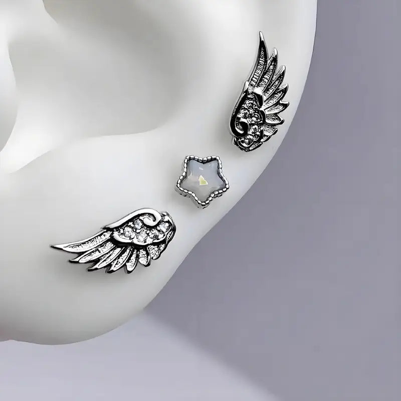 3-Pack Shiny Angel Wing Star Ear Studs for Women and Couples Jewelry