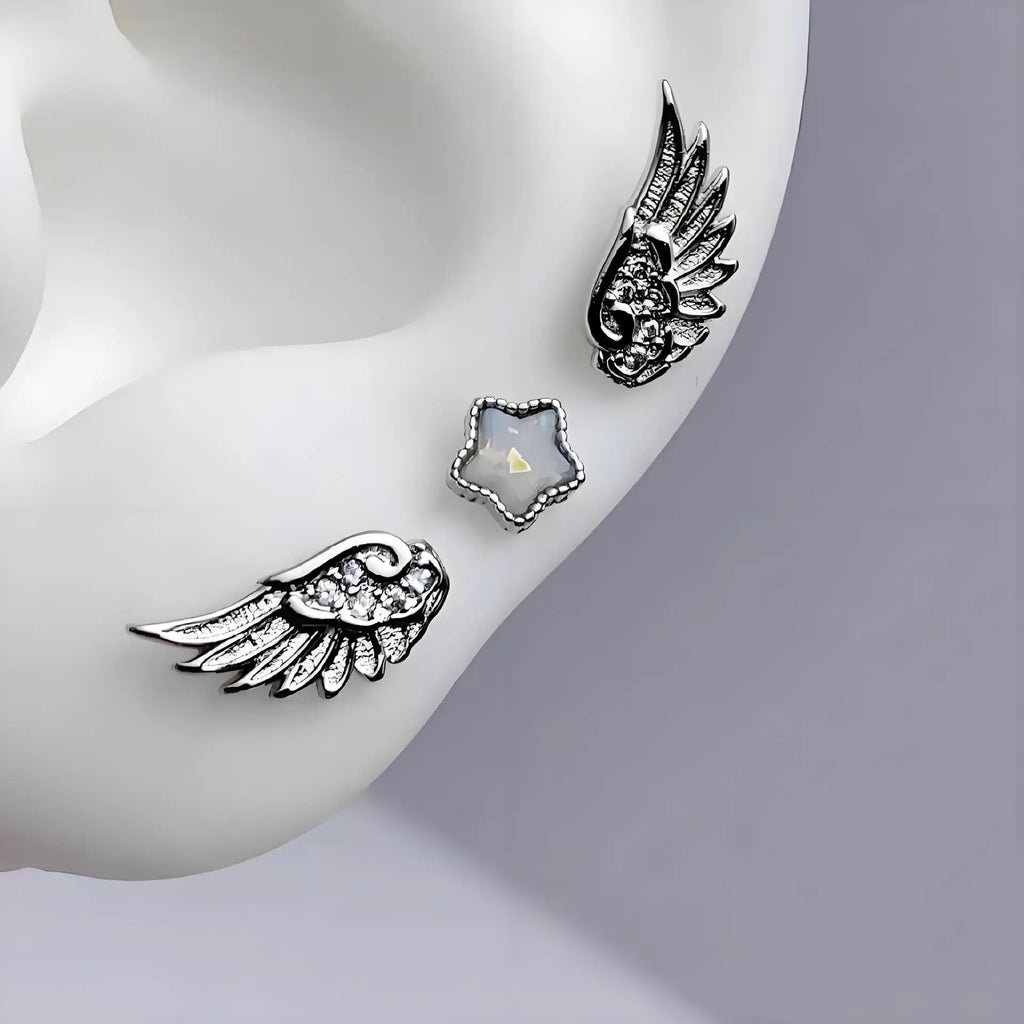 3-Pack Shiny Angel Wing Star Ear Studs for Women and Couples Jewelry