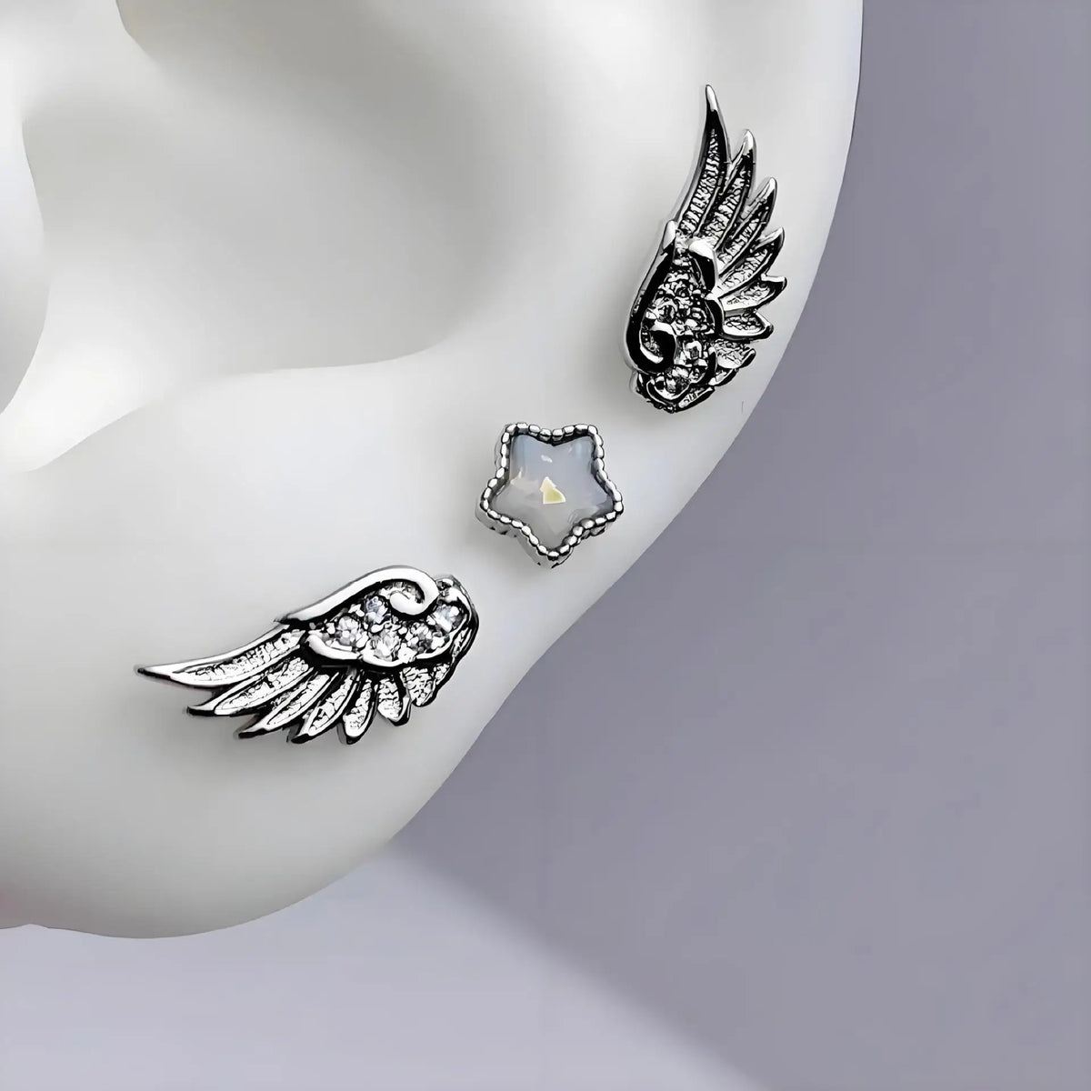 3-Pack Shiny Angel Wing Star Ear Studs for Women and Couples Jewelry