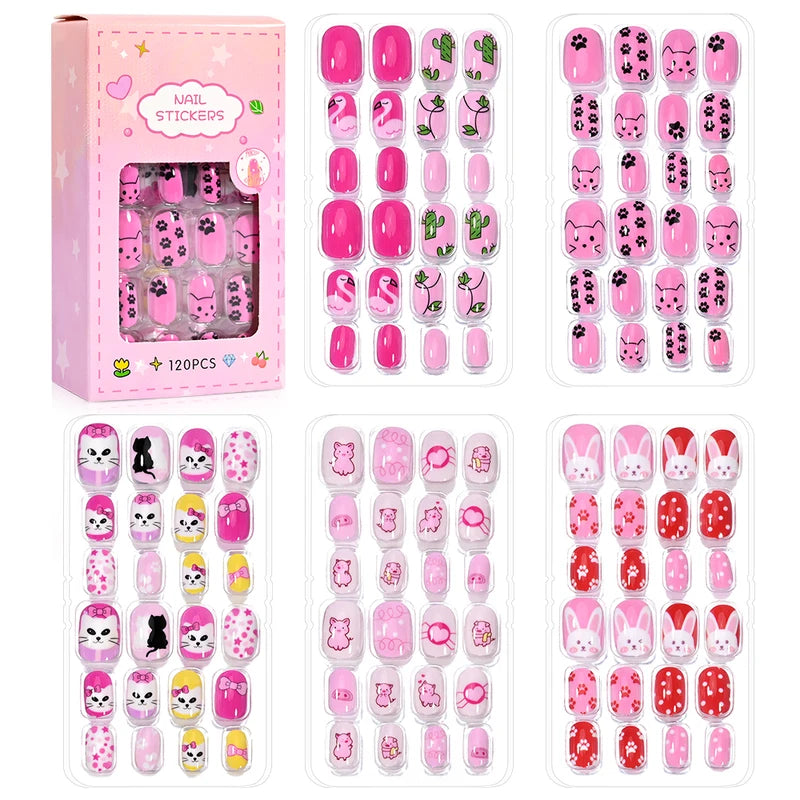 Cartoon Girl Fake Nail Tips Set for Kids - Princess, Cat, Rabbit, Unicorn Press-On Manicure