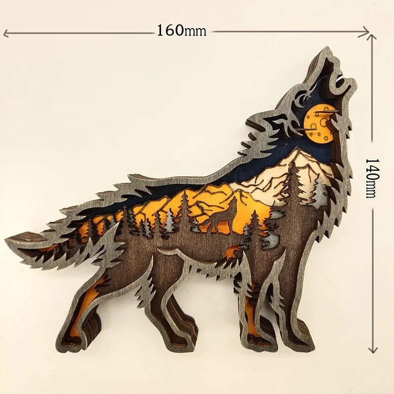 Wooden Animal Figurines with LED Light - Wolf Elk Brown Bear Home Decor