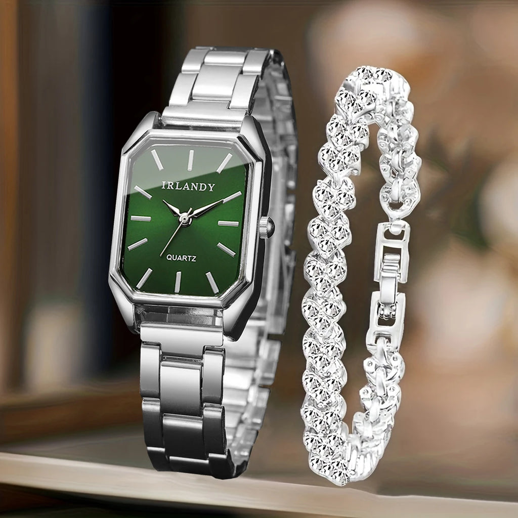 2PCS Women’s Quartz Watch & Rhinestone Bracelet Set - Elegant Fashion Jewelry