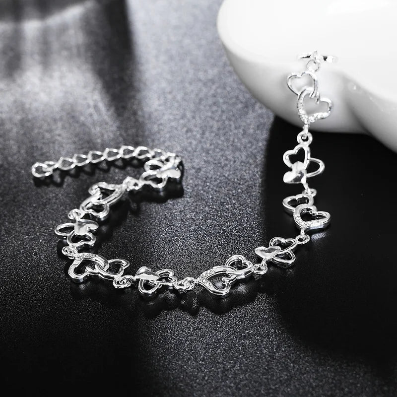 925 Sterling Silver Heart Flower Chain Bracelet for Women Jewelry