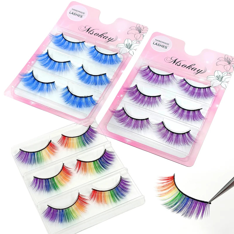 Rainbow Colorful False Eyelashes 3 Pairs - Vegan Makeup Eye Lashes for Halloween and Cosplay