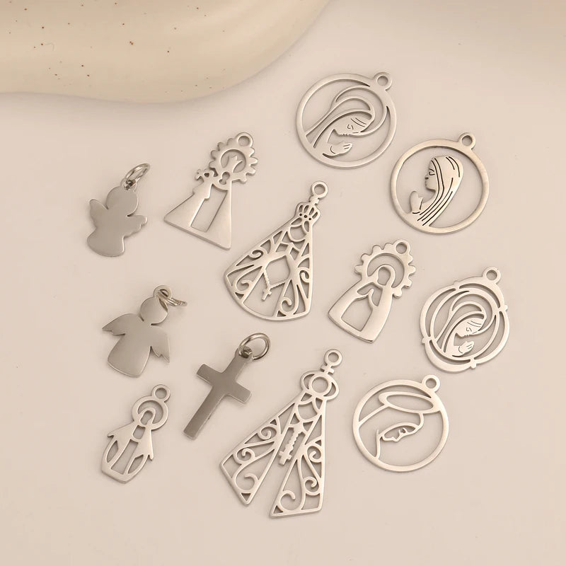5Pcs Stainless Steel Angel Pendant Charms for Jewelry Making - Catholic Religious Craft Supplies