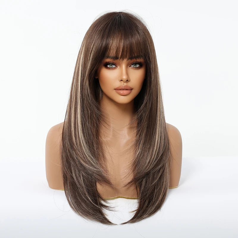Long Synthetic Wigs with Layered Straight Hair and Highlighted Style - Unisex Daily Wear