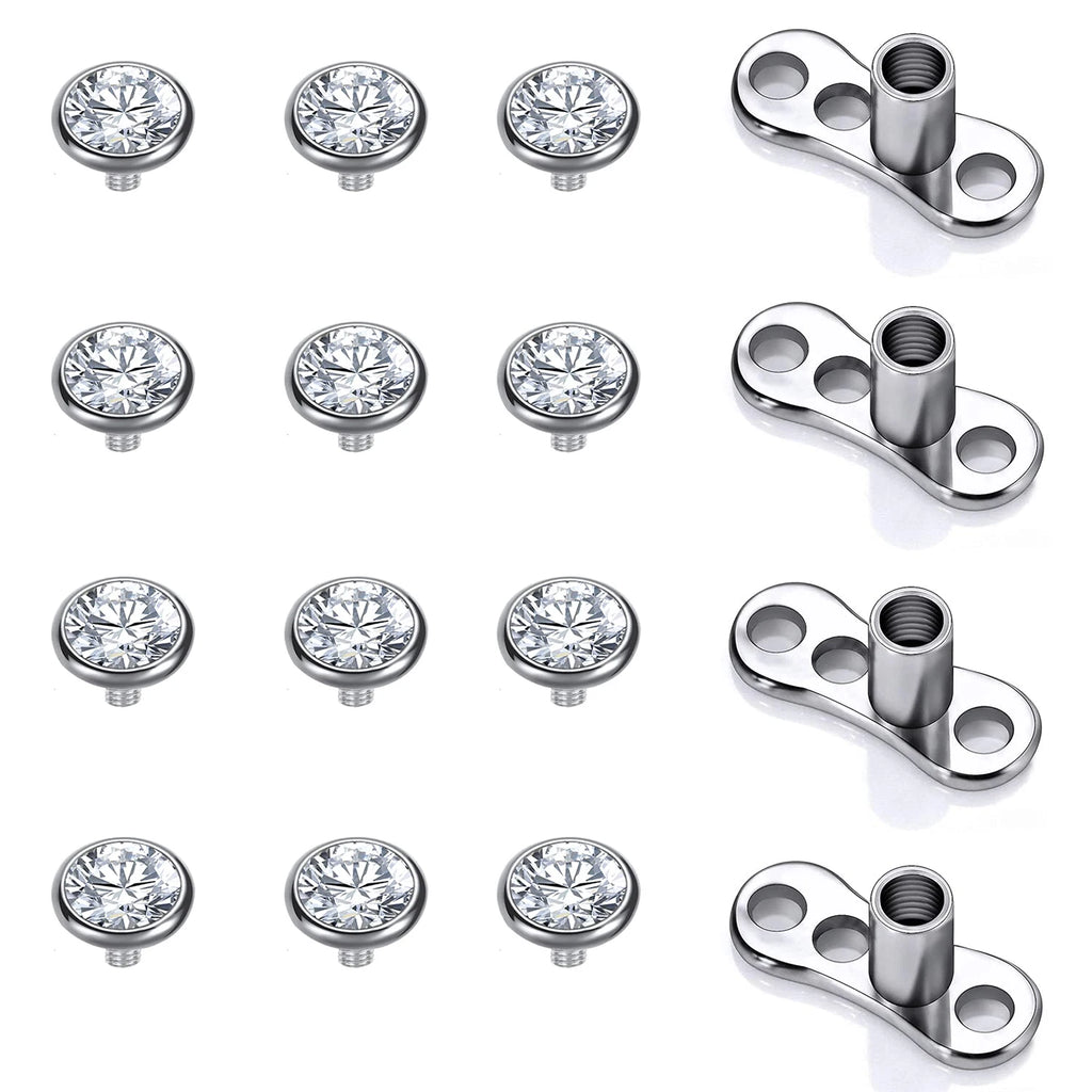 16PCS Crystal Dermal Anchor Tops 3-6mm Surface Piercing Skin Base - Surgical Steel