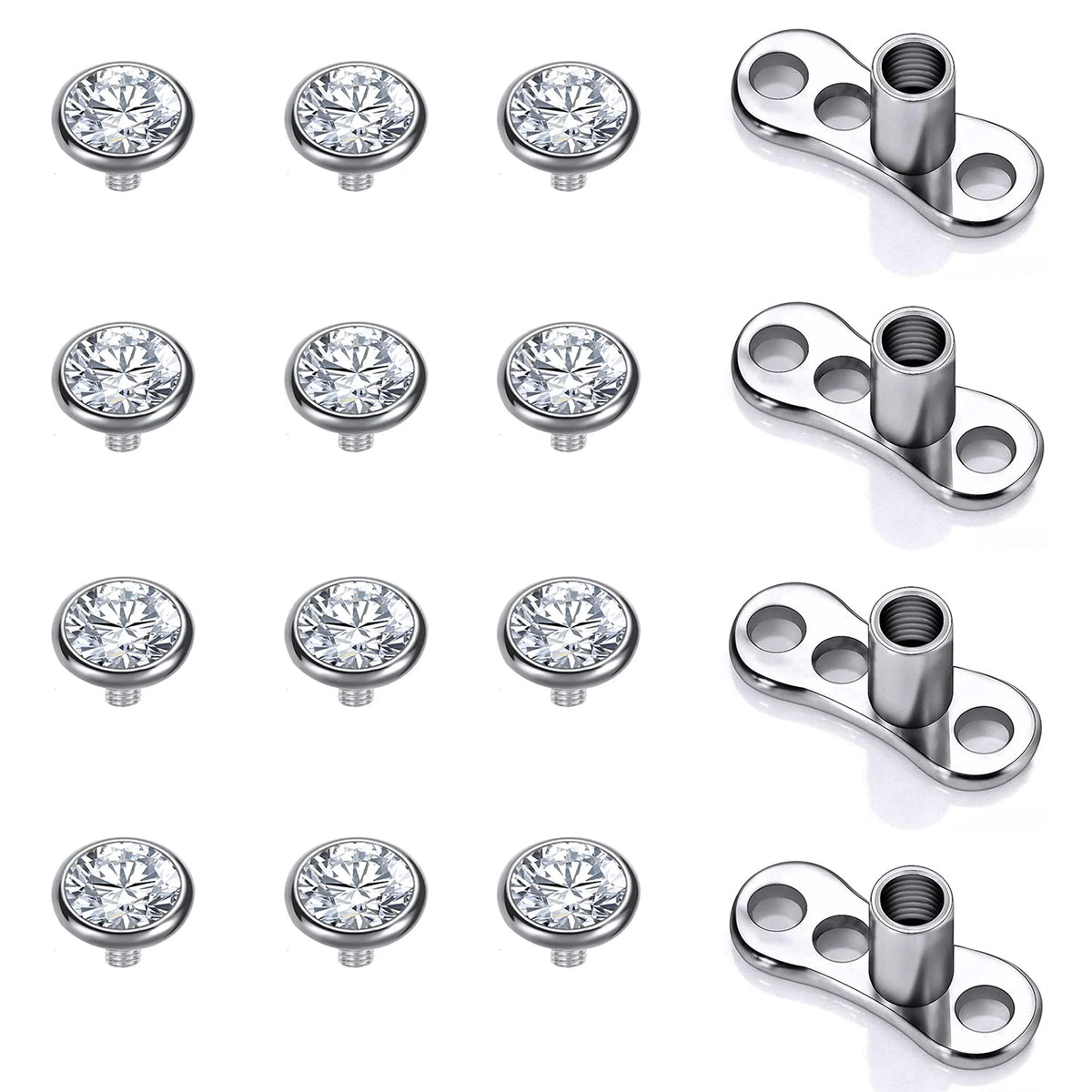 16PCS Crystal Dermal Anchor Tops 3-6mm Surface Piercing Skin Base - Surgical Steel