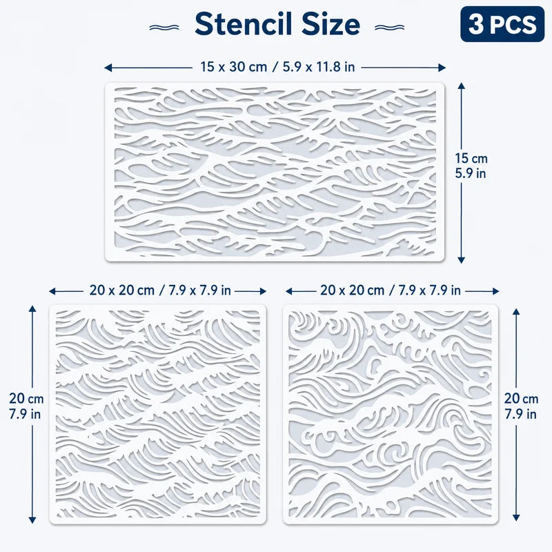 Wave Stencil Set for DIY Wall Wood Fabric Painting - Reusable Templates, 3 Pieces