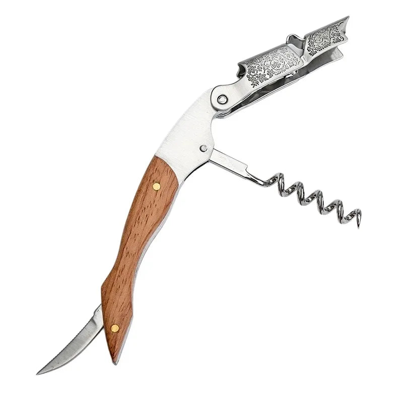 Professional Waiters Corkscrew with Ergonomic Wooden Handle and Bottle Opener