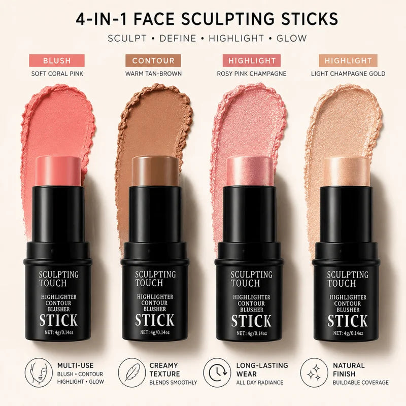 Face Sculpting Makeup Set - Cream Blush, Contour, Highlighter & Sponge