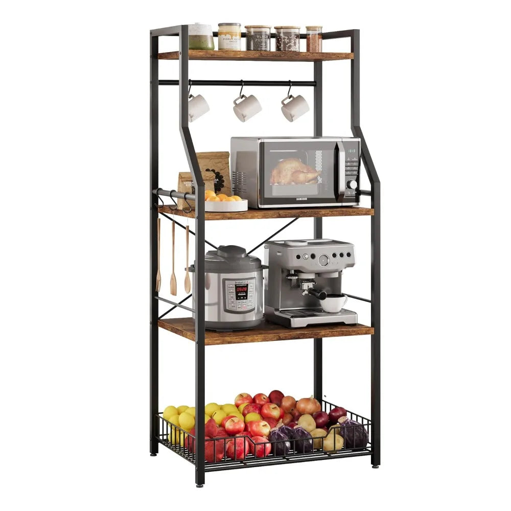 4-Tier Kitchen Storage Rack with Microwave Stand and Hooks - Industrial Style Organizer