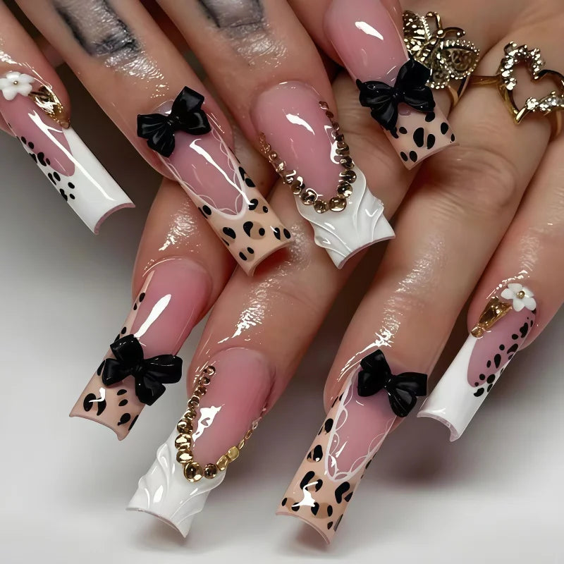 24PCS Long Fake Nails with Leopard Print and Bow Design for Nail Art - Tough Girl Style