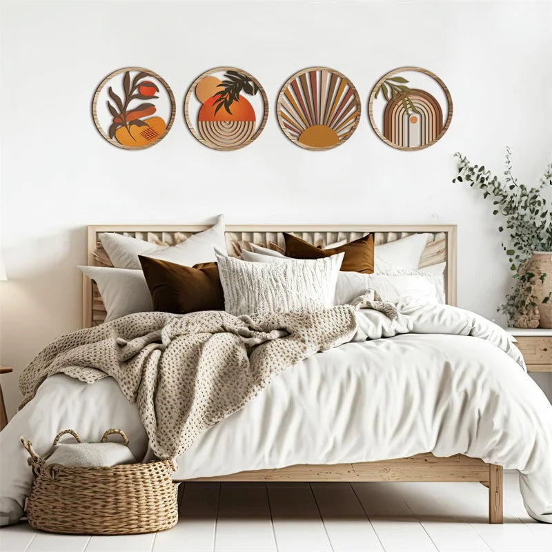 Set of 4 Wooden Bohemian Wall Decor Round Wall Hangings for Farmhouse & Garden