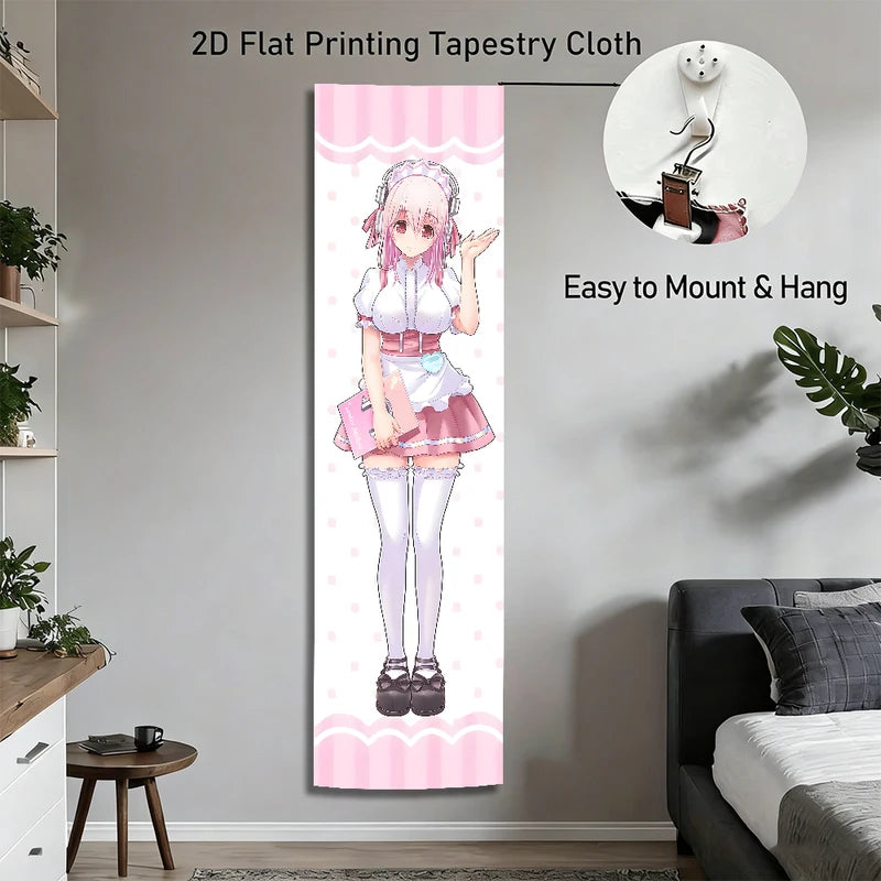Super Sonico Maid Outfit Wall Tapestry - Pink Polka Dot Anime Decor for Bedroom
