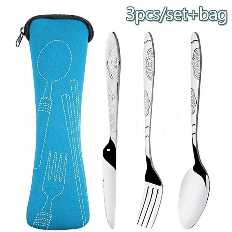 Portable Camping Tableware Set with Washable Zipper Pouch - 3-Piece Stainless Steel Cutlery Kit for Travel and Household Use