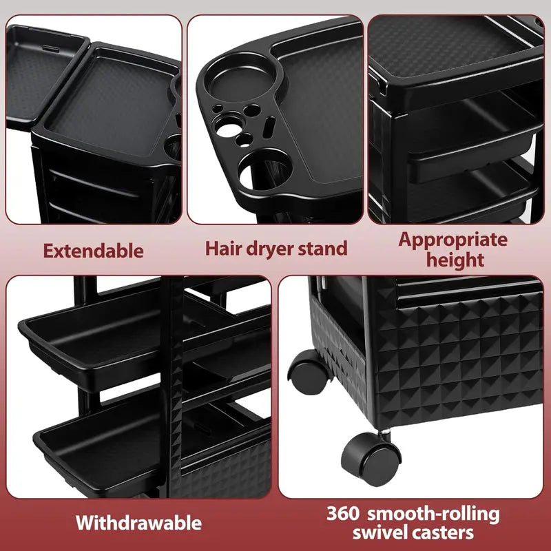 5-Tier Salon Rolling Cart with Wheels - Mobile Hair & Beauty Trolley for Cosmetology & Makeup